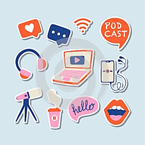 Podcast icons set. Podcasting stickers collection: microphone, headphones, loudspeaker, speech bubbles, laptop, smartphone. photo