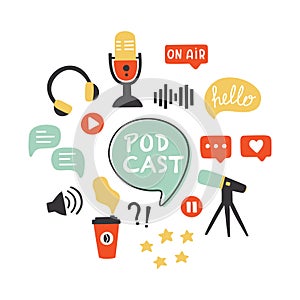 Podcast icons set. Podcasting symbols collection: microphone, headphones, loudspeaker, speech bubbles, rating stars. photo