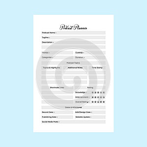 Podcast info tracker KDP interior journal. Podcast regular topic information and scheduling logbook template. KDP interior