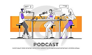 Podcast interview. Blogger or radio host interviewing guest and streaming online, broadcast interview concept. Vector