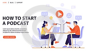 Podcast or interview concept. Podcasters recording a podcast with microphone and headphones.