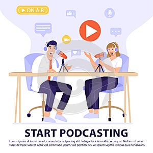 Podcast or interview concept. Podcasters recording a podcast with microphone and headphones.