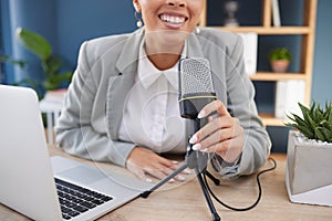 Podcast, laptop and microphone woman with broadcast, news update or live streaming communication in office. Business