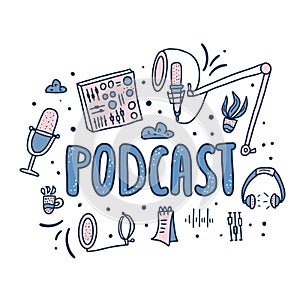 Podcast lettering with decoration. Vector design.