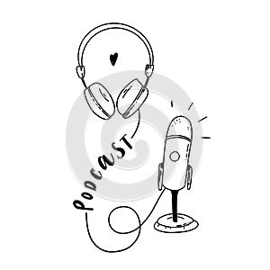 Podcast line hand drawn vector illustration mic and headphones. Black and white positive drawing