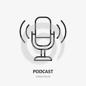 Podcast line icon, vector pictogram of microphone with sound waves. Audio illustration, sign for music studio