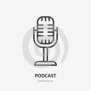 Podcast line icon, vector pictogram of retro microphone. Audio illustration, sign for music studio