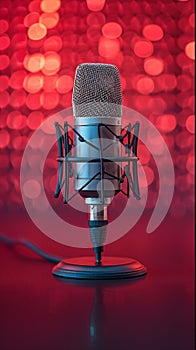 Podcast live streaming microphone with sound wave on magenta backdrop