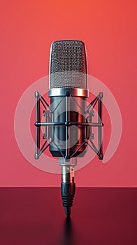 Podcast live streaming microphone with sound wave on magenta backdrop