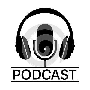 podcast logo or icon with recording microphone and headphones