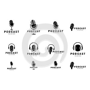 podcast logo with microphone and earphone audio, radio waves. for studio, talk show, chat, information sharing, interview,