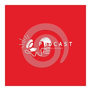 podcast logo with microphone and earphone audio, radio waves. for studio, talk show, chat, information sharing, interview,