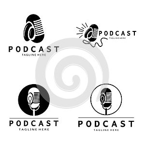 podcast logo with microphone and earphone audio, radio waves. for studio, talk show, chat, information sharing, interview,