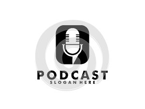 Podcast logo vector, Podcast with microphone logo inspiration. design template, vector illustration.