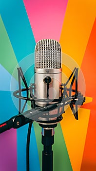 Podcast mic colorful background, broadcasting equipment concept