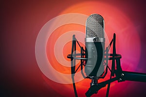 Podcast mic colorful background, broadcasting equipment concept