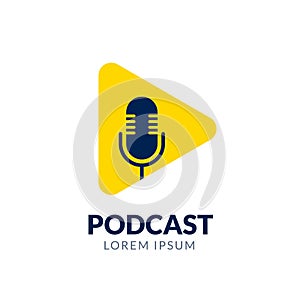 Podcast mic icon symbol logo microphone talk audio. Music radio tech podcast logo label sound studio vector icon.