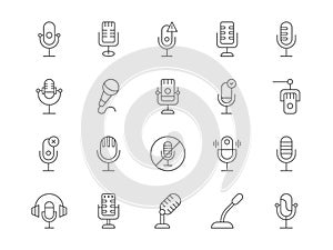 Podcast microphone. Line mic icons. Journalists radio mike. Audio vocal studio record. Retro speech or music broadcast