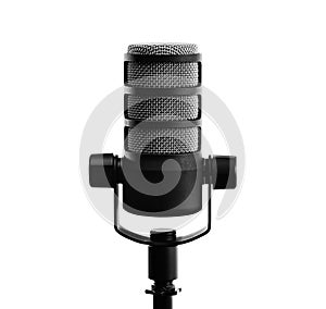 Podcast microphone on a tripod  a black metal dynamic microphone  front view  product photo