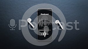 Podcast music. Mobile smartphone screen with podcast application, sound headphones. Audio voice with radio microphone on