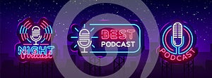 Podcast Neon sign collection vector design template. Podcast neon logo, light banner design element colorful modern