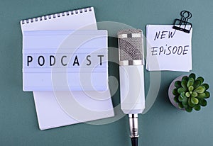 Podcast new episode concept with microphone