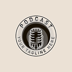 podcast old microphone vintage logo, icon and symbol, with emblem vector illustration design