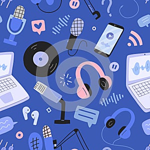 Podcast pattern, seamless background with mic, headphones and speaker illustrations in doodle style, streaming and