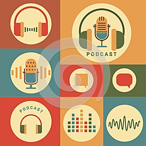 Podcast radio icon illustration set. Studio table microphone with broadcast text on air.