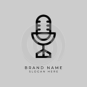 Podcast radio icon illustration. Studio table microphone with brand name text. Webcast audio record concept logo