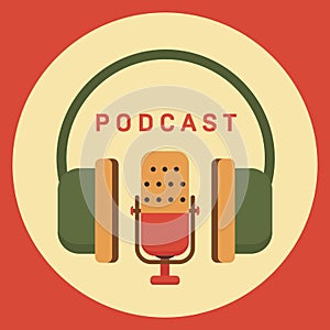 Podcast radio icon illustration. Studio table microphone with broadcast text on air.