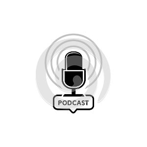 Podcast radio icon illustration. Studio table microphone with broadcast text podcast. Webcast audio record concept