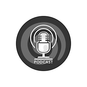 Podcast radio icon illustration. Studio table microphone with broadcast text podcast. Webcast audio record concept