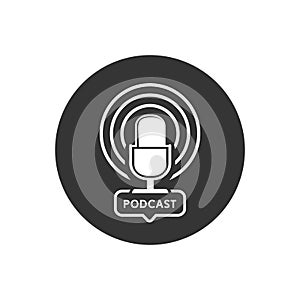 Podcast radio icon illustration. Studio table microphone with broadcast text podcast. Webcast audio record concept