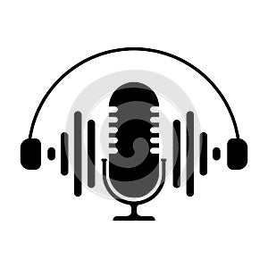 Podcast radio icon illustration. Studio table microphone with broadcast text podcast. Webcast audio record concept logo