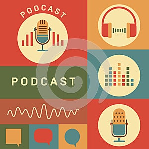 Podcast radio icons illustration. Studio table microphone with broadcast text on air.