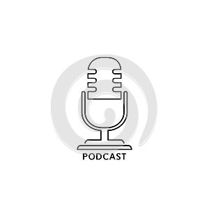 Podcast radio line icon illustration. Studio table microphone broadcast text podcast. Webcast audio record concept logo