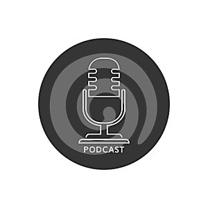 Podcast radio line icon illustration. Studio table microphone with broadcast text podcast. Webcast audio record concept