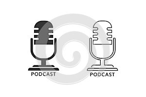 Podcast radio line icon set illustration. Studio table microphone broadcast text podcast