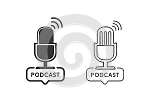 Podcast radio line icon set illustration. Studio table microphone broadcast text podcast