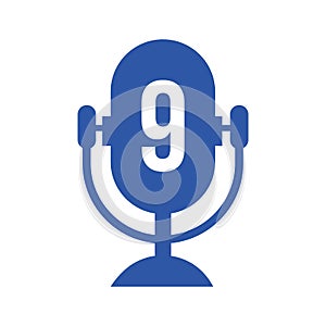 Podcast Radio Logo On Letter 9 Design Using Microphone Template. Dj Music, Podcast Logo Design, Mix Audio Broadcast Vector
