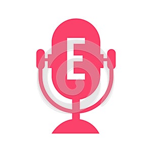 Podcast Radio Logo On Letter E Design Using Microphone Template. Dj Music, Podcast Logo Design, Mix Audio Broadcast Vector