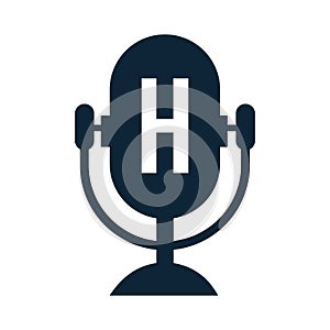 Podcast Radio Logo On Letter H Design Using Microphone Template. Dj Music, Podcast Logo Design, Mix Audio Broadcast Vector