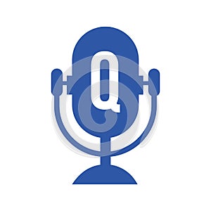 Podcast Radio Logo On Letter Q Design Using Microphone Template. Dj Music, Podcast Logo Design, Mix Audio Broadcast Vector