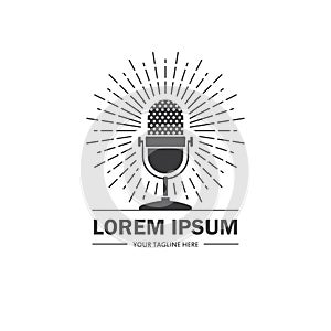 Podcast, radio logo with retro microphone
