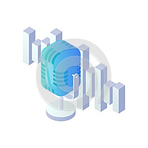 Podcast radio microphone isometric icon. 3d broadcast vector illustration, retro studio microphone with soundwave, radio