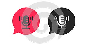 Podcast radio record icon bubble logo vector as old retro microphone in chat speech pictogram black white and red simple symbol