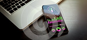Podcast Radio Streaming Mobile application interface. Interviews, audio and music, news. Listening to Podcasting Radio Services