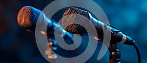 Podcast Ready: Dual Mics Await Voices. Concept Podcast Recording, Interview Setup, Dual photo