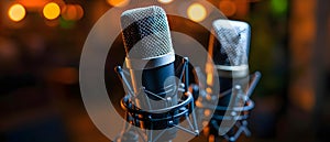 Podcast Ready: Dual Mics Await Voices. Concept Podcast Recording, Interview Setup, Quality Sound, photo